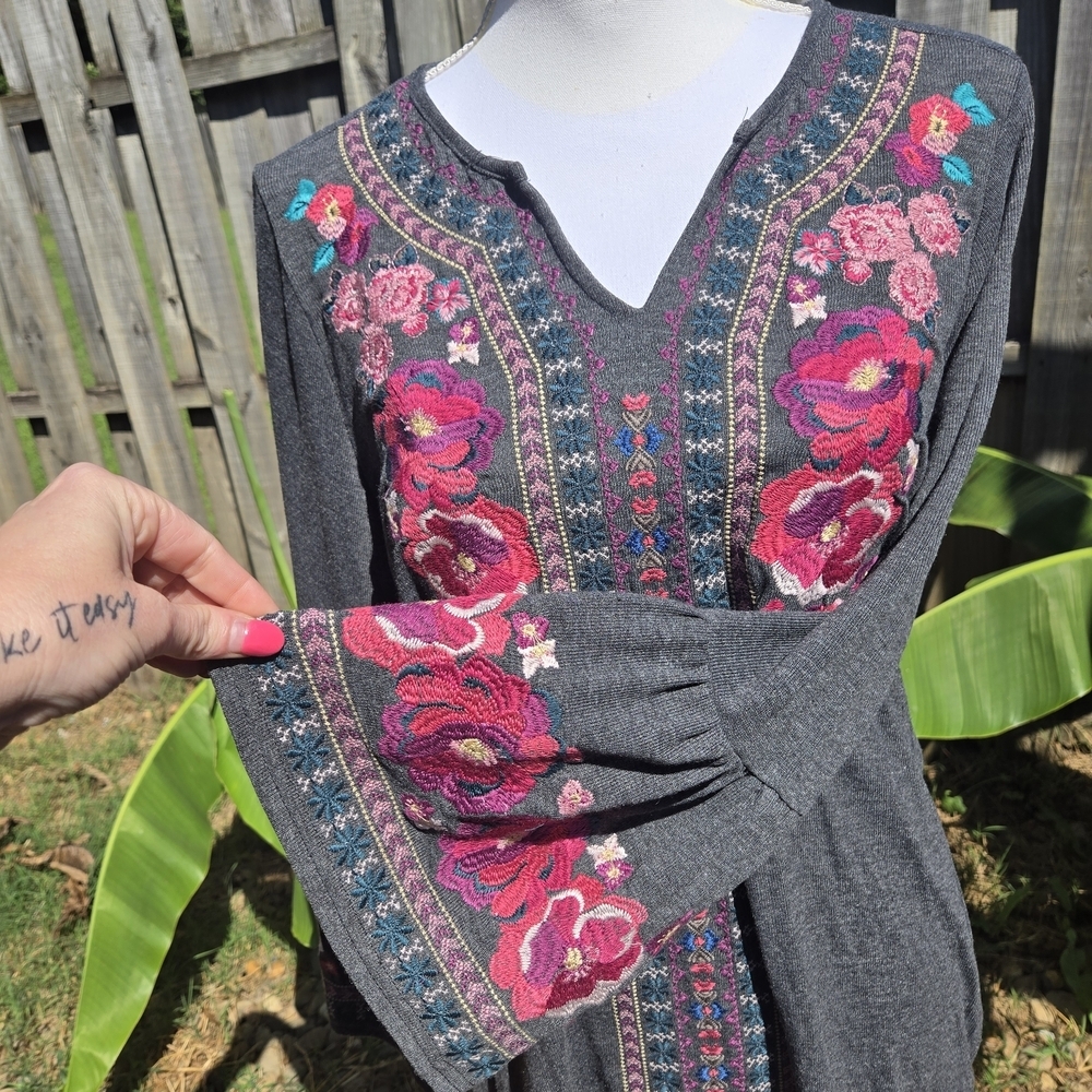 Small Oversized Floral Embroidered Tunic W/ Western Boho Free Spirit Flowy - Picture 3 of 9